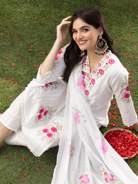 Pure Cotton Floral Embroidered Kurta with Trouser & Dupatta Kurta Set