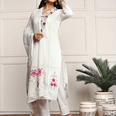 Pure Cotton Floral Embroidered Kurta with Trouser & Dupatta Kurta Set