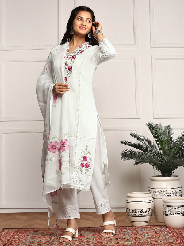 Pure Cotton Floral Embroidered Kurta with Trouser & Dupatta Kurta Set