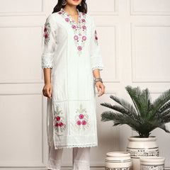 Pure Cotton Floral Embroidered Kurta with Trouser & Dupatta Kurta Set