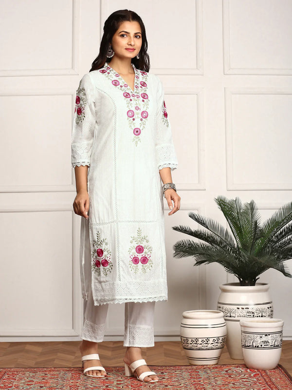 Pure Cotton Floral Embroidered Kurta with Trouser & Dupatta Kurta Set