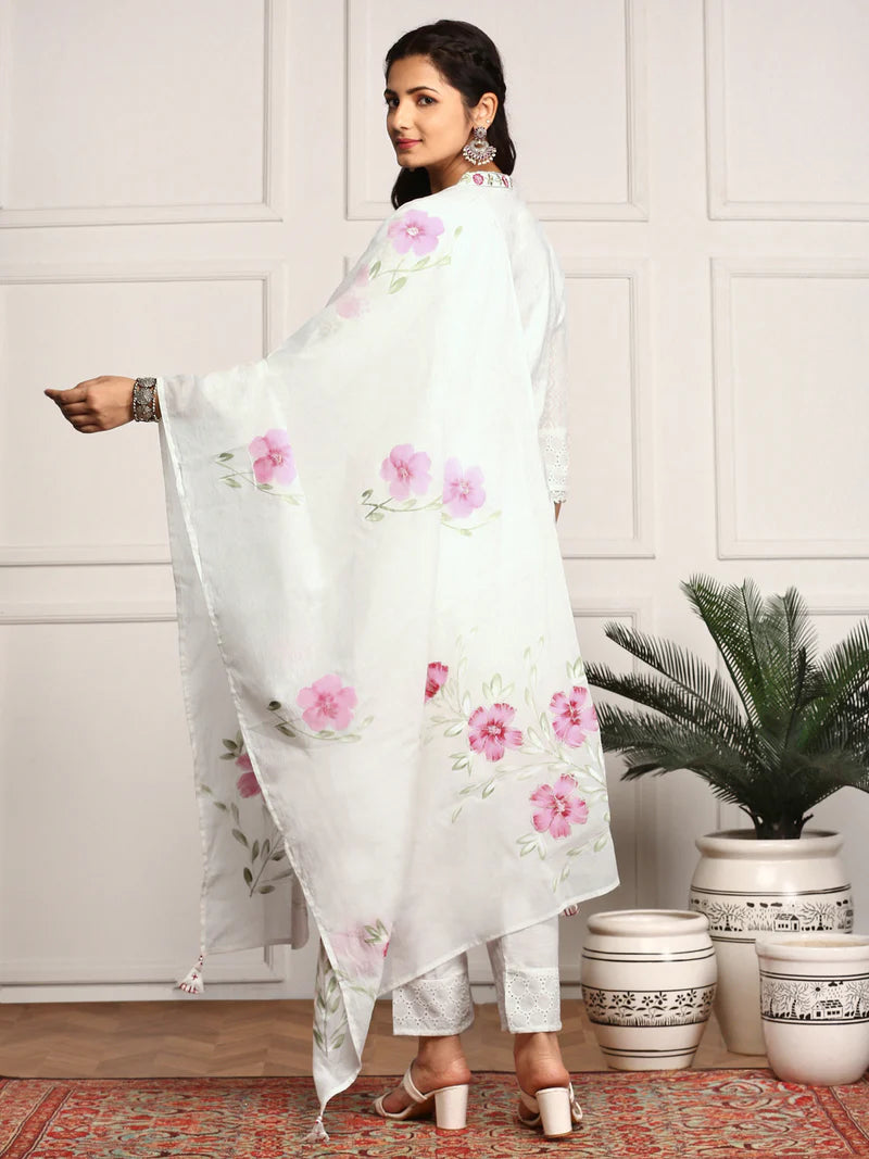 Pure Cotton Floral Embroidered Kurta with Trouser & Dupatta Kurta Set