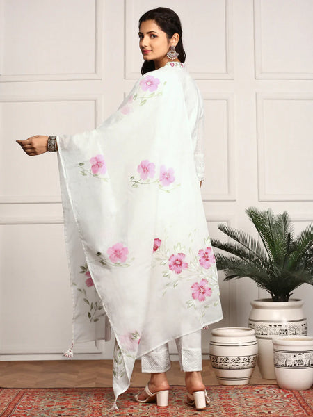 Pure Cotton Floral Embroidered Kurta with Trouser & Dupatta Kurta Set