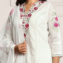 Pure Cotton Floral Embroidered Kurta with Trouser & Dupatta Kurta Set
