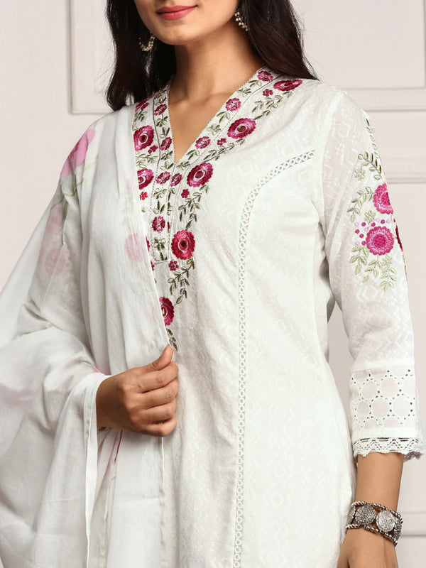 Pure Cotton Floral Embroidered Kurta with Trouser & Dupatta Kurta Set