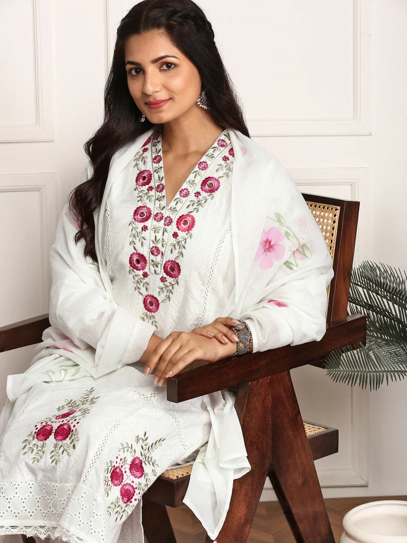 Pure Cotton Floral Embroidered Kurta with Trouser & Dupatta Kurta Set