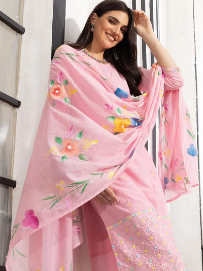 Women Floral Embroidered Regular Thread Work Pure Cotton Kurta with Trousers & With Dupatta