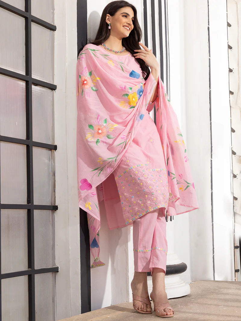 Women Floral Embroidered Regular Thread Work Pure Cotton Kurta with Trousers & With Dupatta