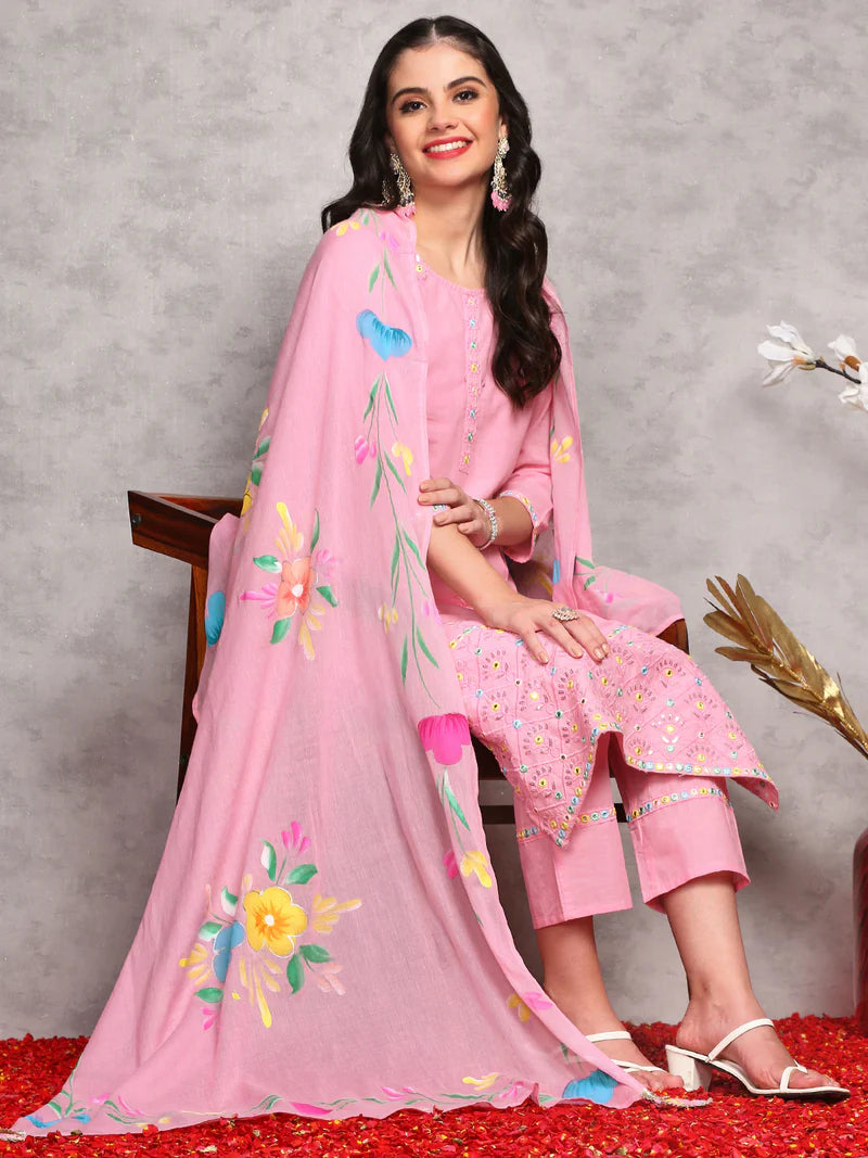 Women Floral Embroidered Regular Thread Work Pure Cotton Kurta with Trousers & With Dupatta