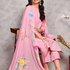 Women Floral Embroidered Regular Thread Work Pure Cotton Kurta with Trousers & With Dupatta
