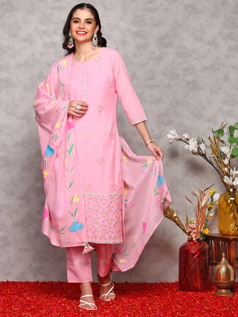 Women Floral Embroidered Regular Thread Work Pure Cotton Kurta with Trousers & With Dupatta