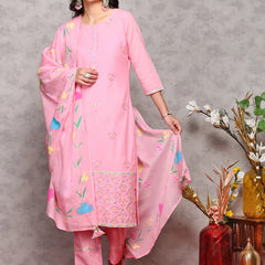 Women Floral Embroidered Regular Thread Work Pure Cotton Kurta with Trousers & With Dupatta