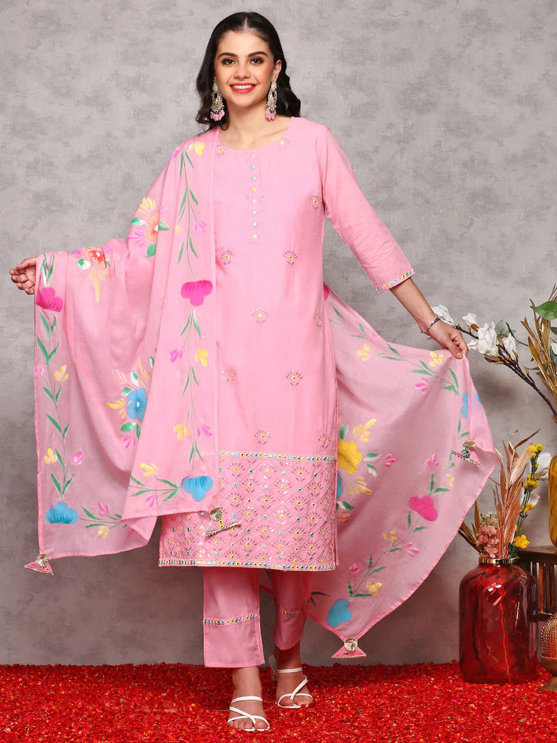 Women Floral Embroidered Regular Thread Work Pure Cotton Kurta with Trousers & With Dupatta