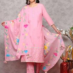 Women Floral Embroidered Regular Thread Work Pure Cotton Kurta with Trousers & With Dupatta