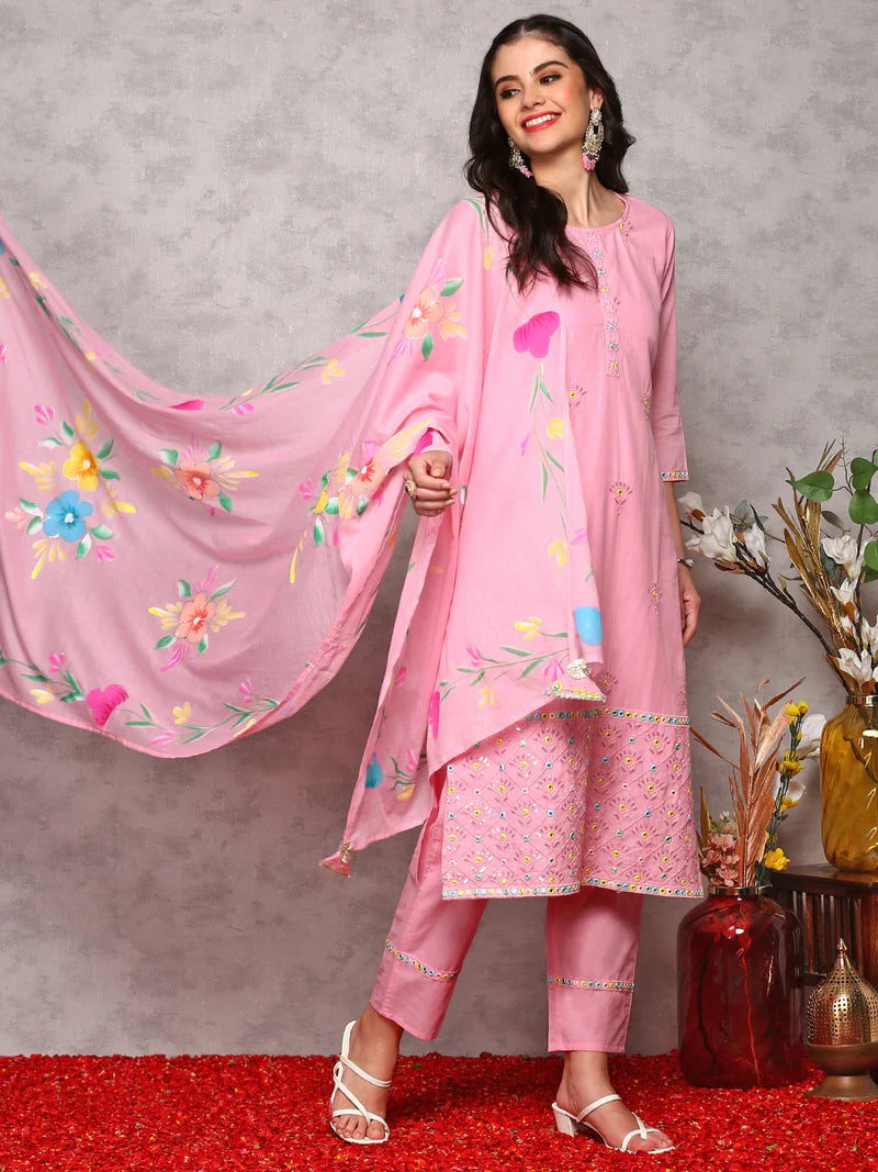 Women Floral Embroidered Regular Thread Work Pure Cotton Kurta with Trousers & With Dupatta