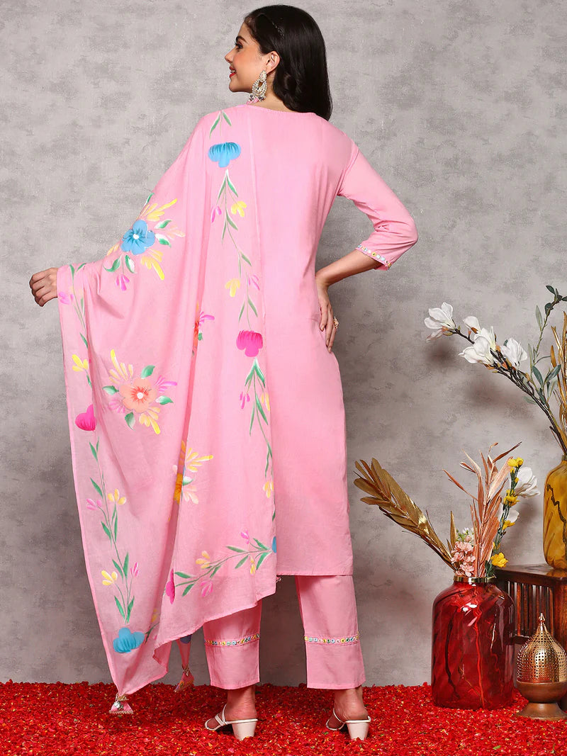 Women Floral Embroidered Regular Thread Work Pure Cotton Kurta with Trousers & With Dupatta