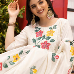 Hand Printed Schiffli Pure Cotton Kurta With Trousers & Dupatta Kurta Set