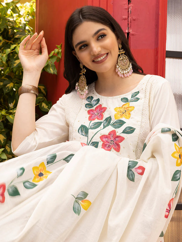 Hand Printed Schiffli Pure Cotton Kurta With Trousers & Dupatta Kurta Set