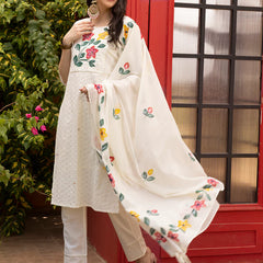 Hand Printed Schiffli Pure Cotton Kurta With Trousers & Dupatta Kurta Set