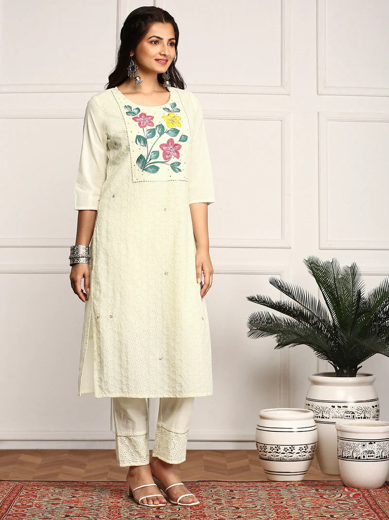 Hand Printed Schiffli Pure Cotton Kurta With Trousers & Dupatta Kurta Set