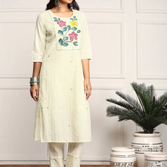 Hand Printed Schiffli Pure Cotton Kurta With Trousers & Dupatta Kurta Set