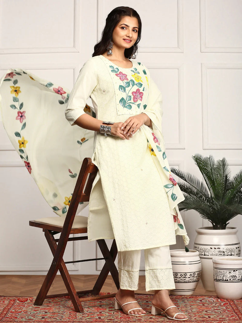 Hand Printed Schiffli Pure Cotton Kurta With Trousers & Dupatta Kurta Set