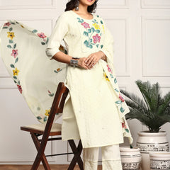 Hand Printed Schiffli Pure Cotton Kurta With Trousers & Dupatta Kurta Set