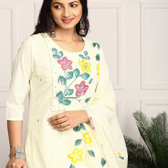 Hand Printed Schiffli Pure Cotton Kurta With Trousers & Dupatta Kurta Set