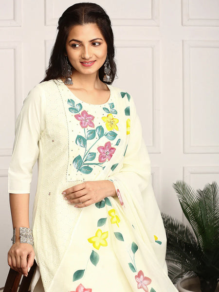 Hand Printed Schiffli Pure Cotton Kurta With Trousers & Dupatta Kurta Set