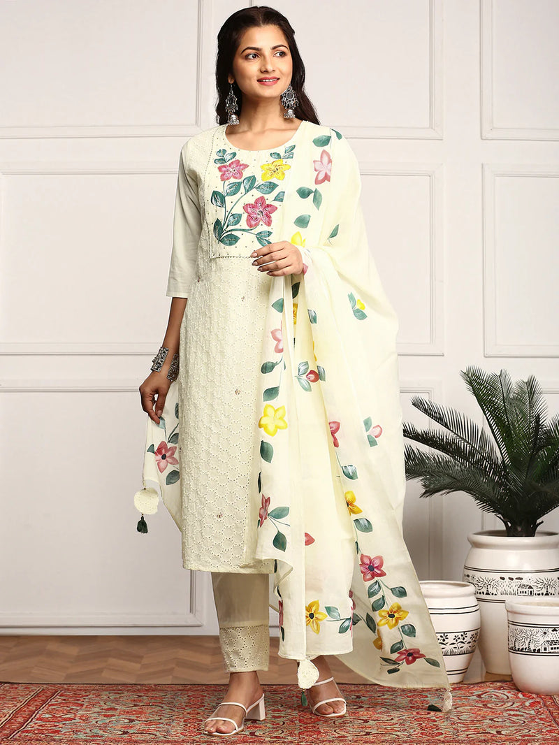 Hand Printed Schiffli Pure Cotton Kurta With Trousers & Dupatta Kurta Set