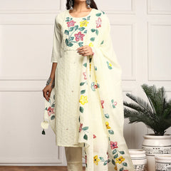 Hand Printed Schiffli Pure Cotton Kurta With Trousers & Dupatta Kurta Set
