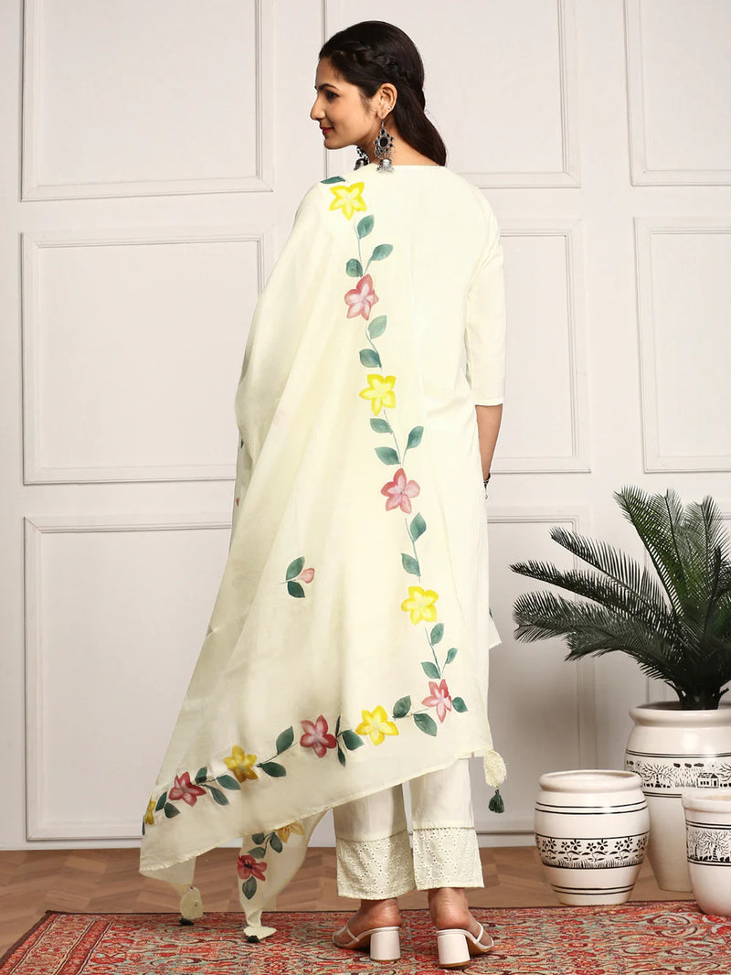 Hand Printed Schiffli Pure Cotton Kurta With Trousers & Dupatta Kurta Set