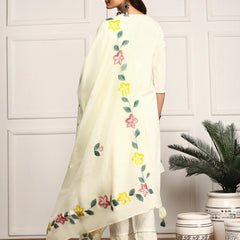 Hand Printed Schiffli Pure Cotton Kurta With Trousers & Dupatta Kurta Set
