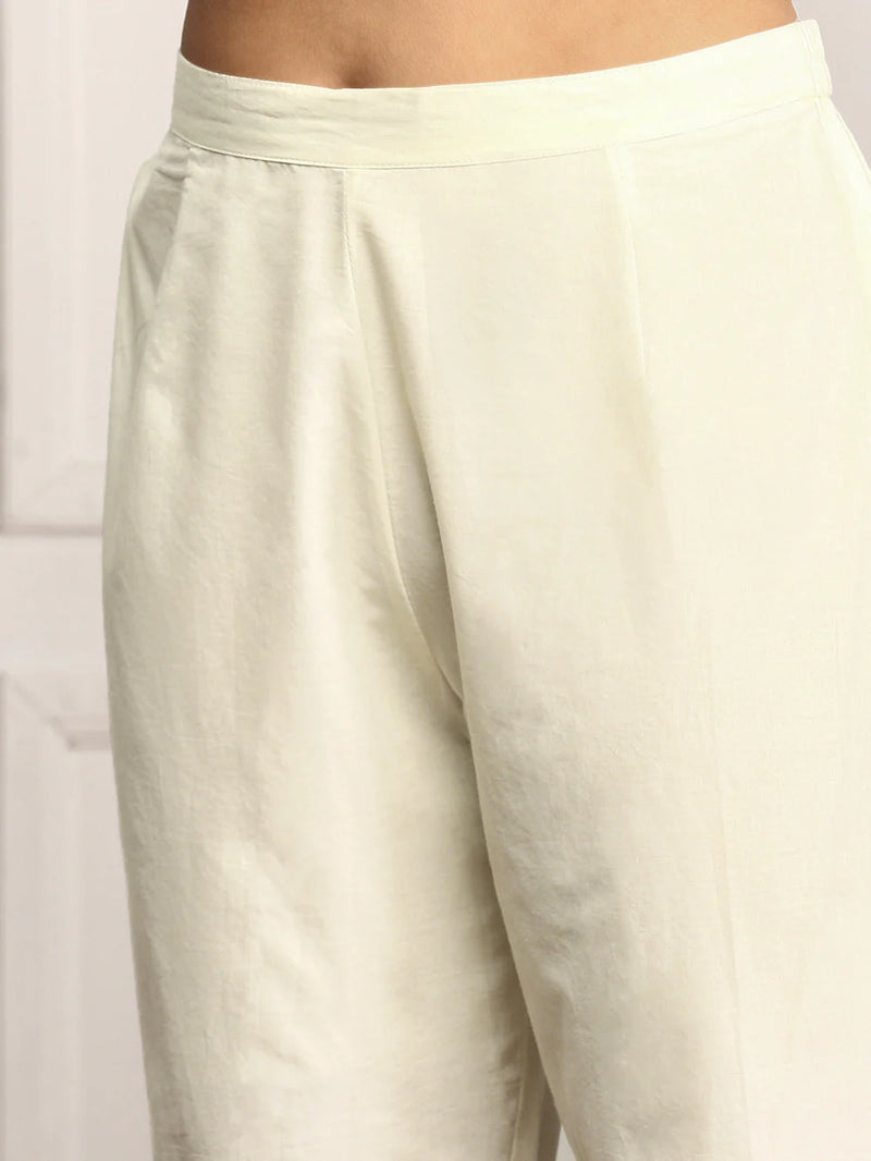 Hand Printed Schiffli Pure Cotton Kurta With Trousers & Dupatta Kurta Set