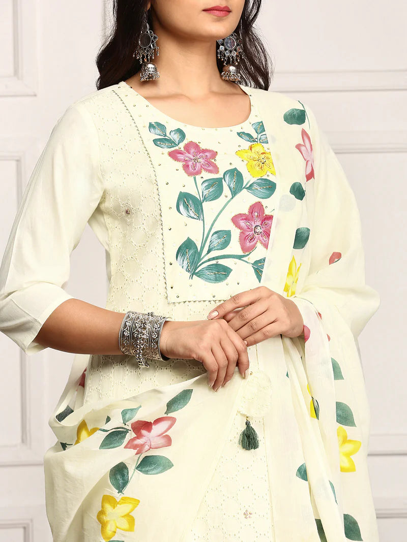 Hand Printed Schiffli Pure Cotton Kurta With Trousers & Dupatta Kurta Set