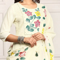 Hand Printed Schiffli Pure Cotton Kurta With Trousers & Dupatta Kurta Set