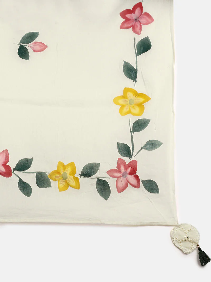 Hand Printed Schiffli Pure Cotton Kurta With Trousers & Dupatta Kurta Set