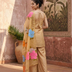 Beige Hand Block Print & Mirror Work Sholder Strap Kurta With Sharara & Dupatta