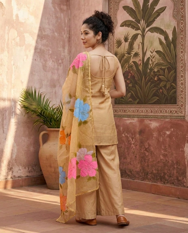 Beige Hand Block Print & Mirror Work Sholder Strap Kurta With Sharara & Dupatta