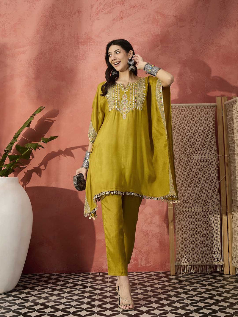 Green Embroidered Gotta Patti Notch Neck Pure Silk  Kaftan Tunic With Trousers