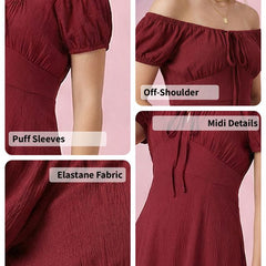 Maroon Off-Shoulder A-Line Midi Dress