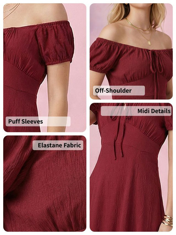 Maroon Off-Shoulder A-Line Midi Dress