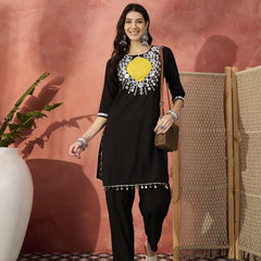 Black And White Mirror Work Round Neck Tunic With Trousers