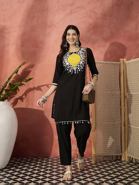 Black And White Mirror Work Round Neck Tunic With Trousers