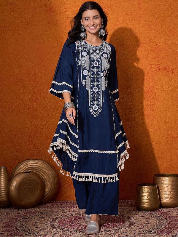 Floral Embroidered Mirror Work Regular A-Line Kurta Sets