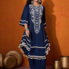 Floral Embroidered Regular Mirror Work A-Line Kurta with Palazzo