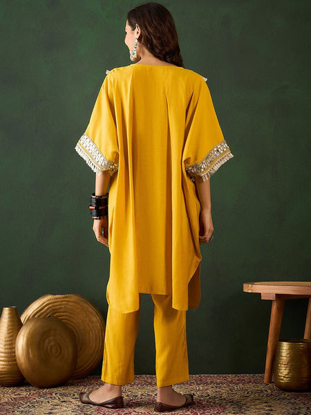 Paisley Embroidered V-Neck Mirror Work Kaftan With Trousers