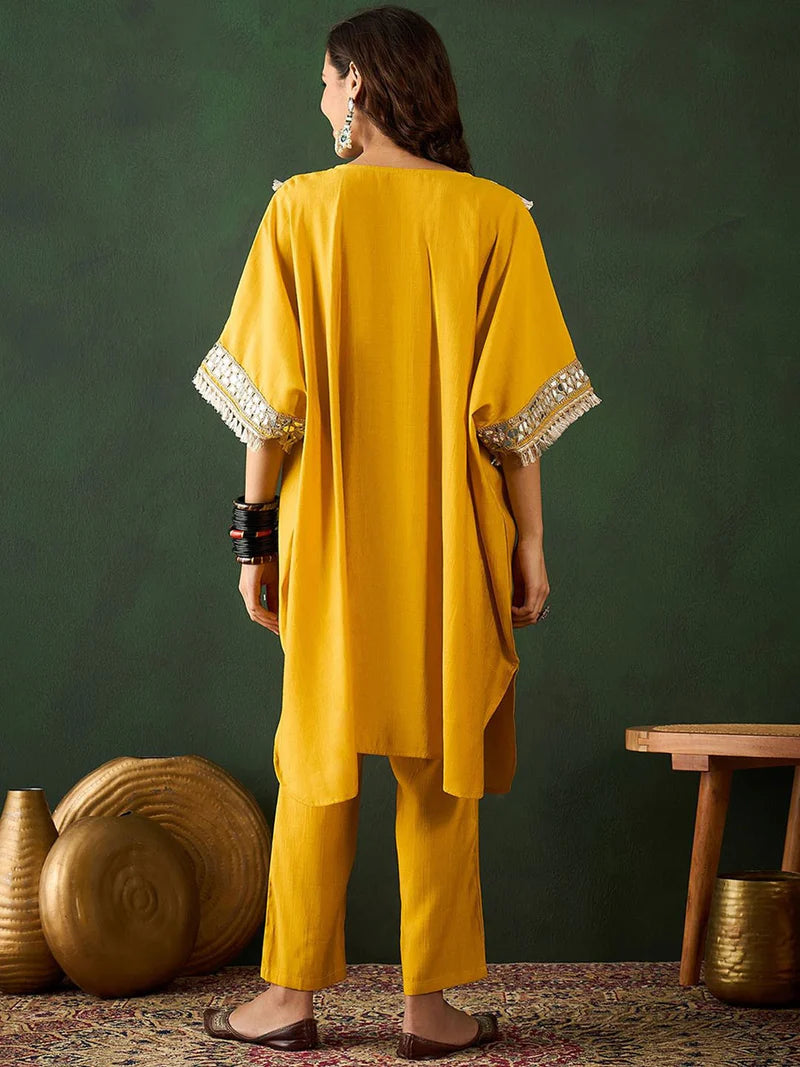 Embroidered  V-Neck Mirror work Kaftan With Trousers