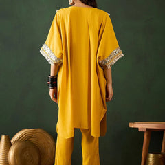 Embroidered  V-Neck Mirror work Kaftan With Trousers