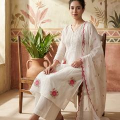 Floral Print & Embroidered Straight Kurta With Trousers & Dupatta